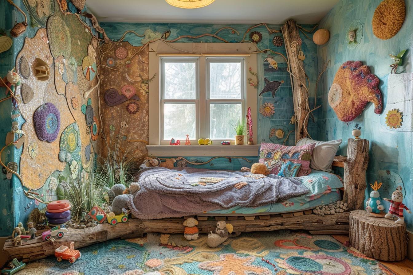 Chambre d'enfant décorée avec créativité en utilisant des matériaux recyclés pour un espace ludique et écologique
