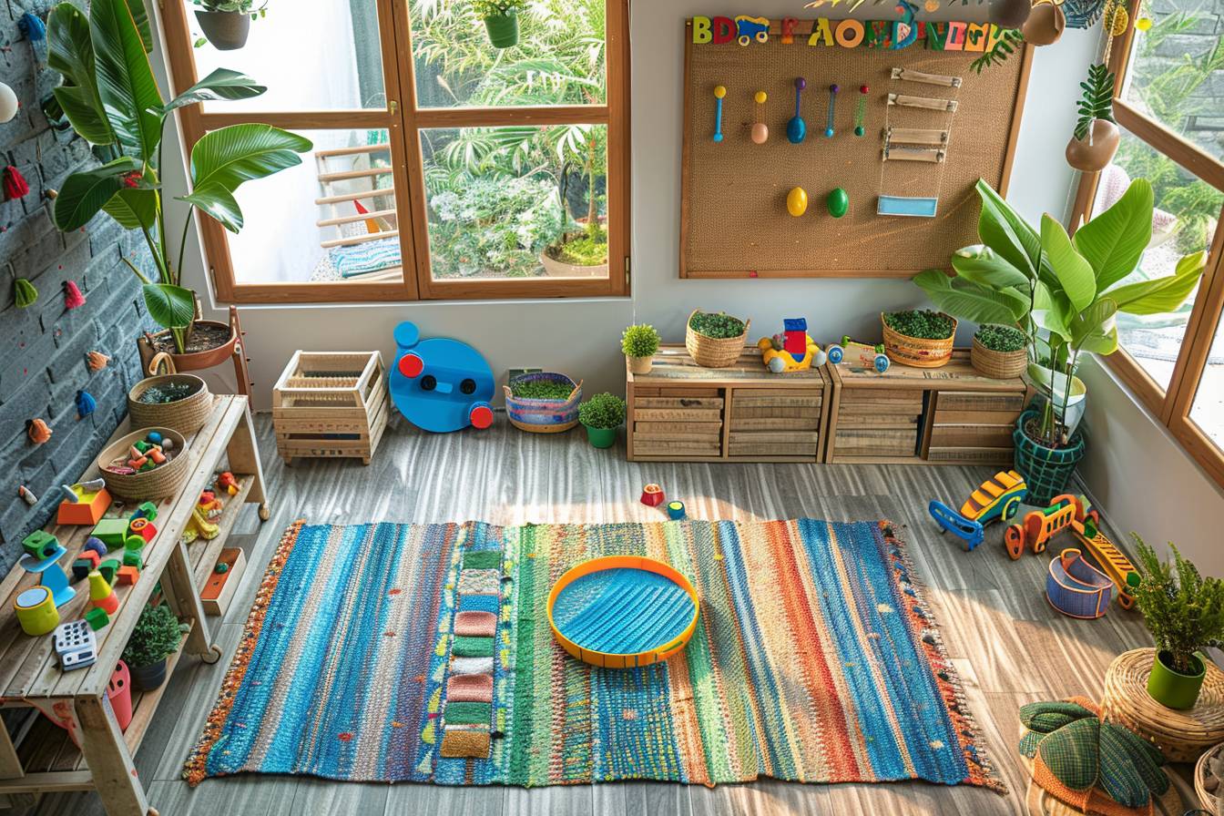 Chambre d'enfant colorée décorée avec des jouets fabriqués à partir de matériaux recyclés pour un espace ludique et écologique